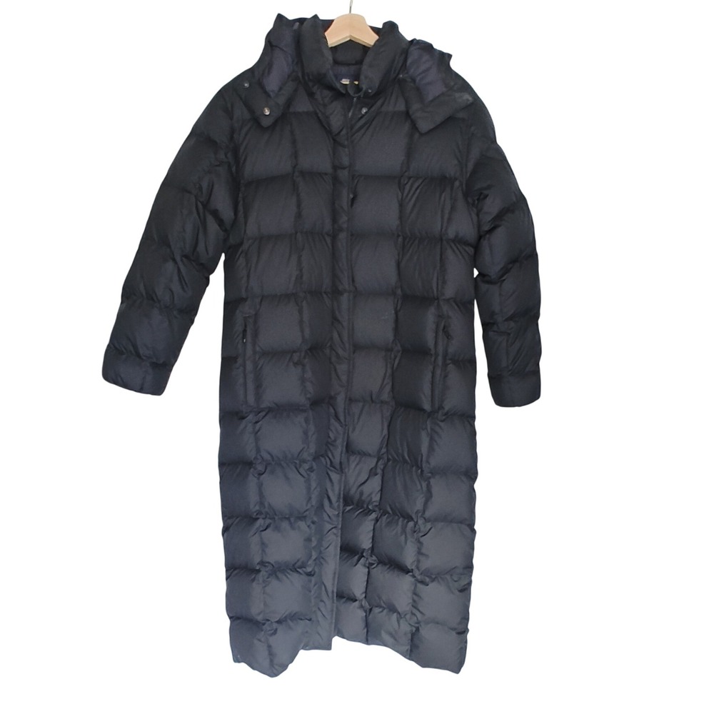 Lands End Puffer Maxi Coat Black Down Filled Detachable Hood Long L 14 16